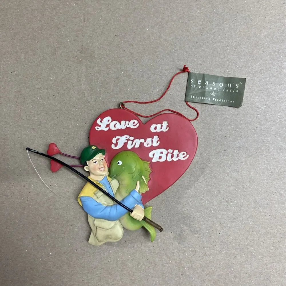 Seasons of Cannon Falls  Love At First Bite Fishing Ornament Big Red Heart NWT